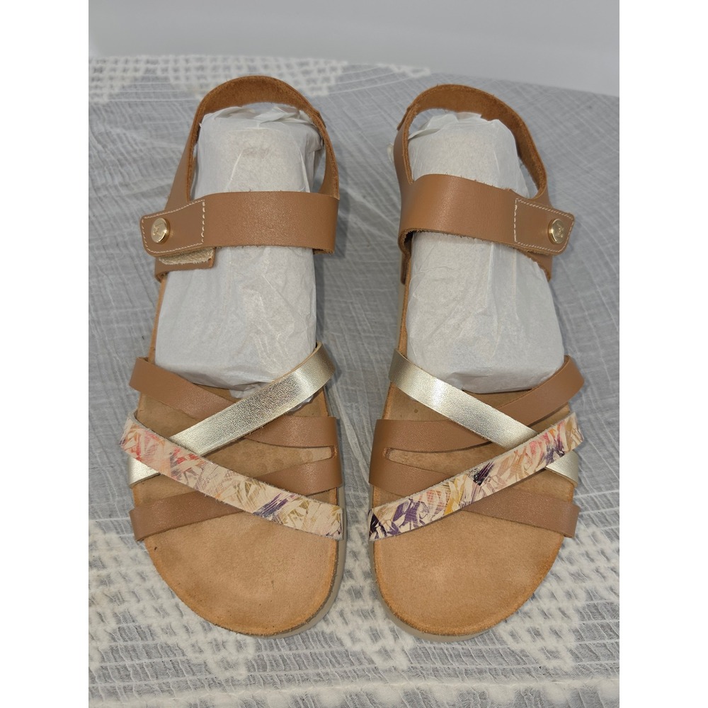 Mephisto Heloise Tan Leather Floral Metallic Multi-Strap Cork Wedge Sandals 40